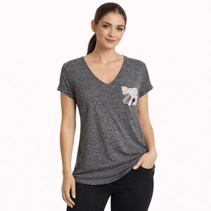 Women's Gray V-Neck Top with Pink Accent